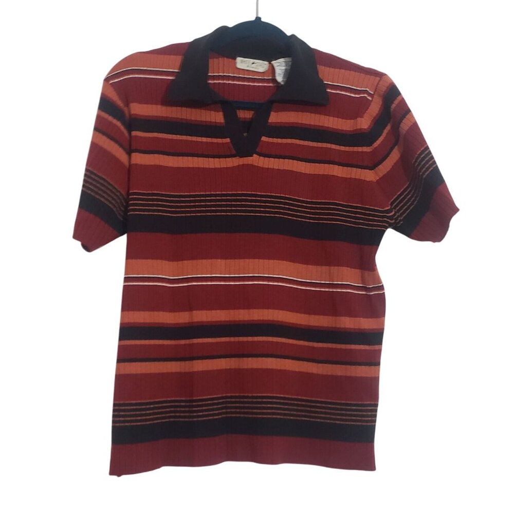 Y2K White Stag Womans Striped Shirt Size 14/16 Short Sleeve Collar Preppy Casual